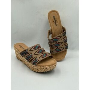 Minnetonka Wedge Sandals 6 Tan Leather Embroidered Woven Straw Espadrille 71502